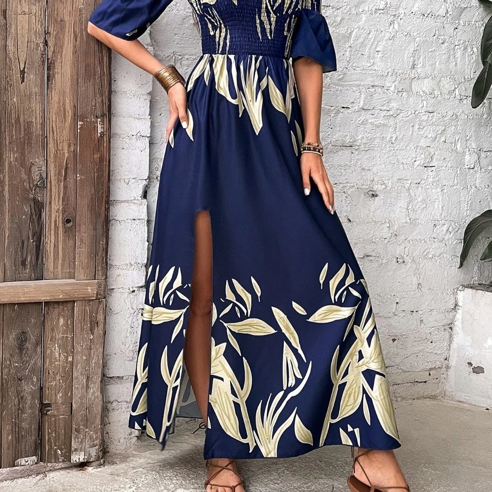 Blue boho Womens Plants Print Shirred Detail Off Shoulder Split Thigh Dress - Picture 3 of 5